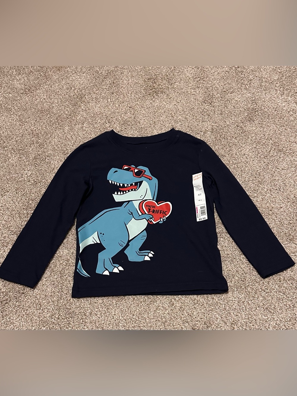 Kids Navy Blue T‑Rex Graphic Long Sleeve Tee